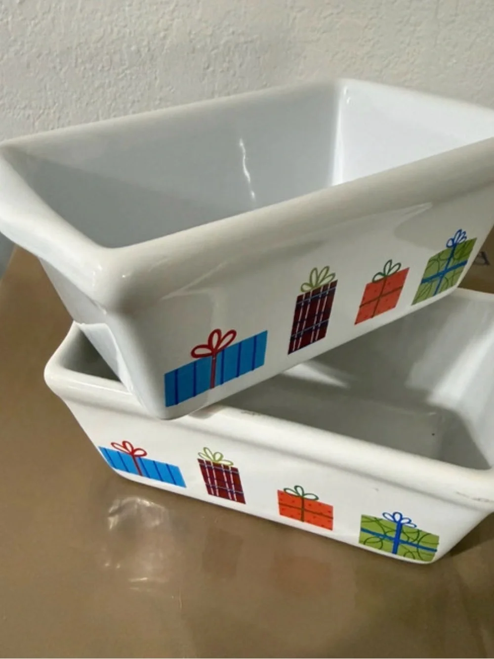 Source Unknown White Ceramic Baking Dishes with Colorful Gift Motif